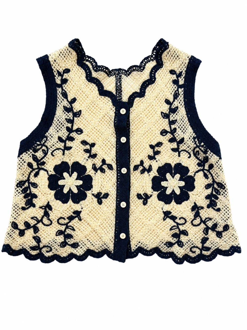 SHEIN Cream Crochet V-Neck Vest with Navy Floral Embroidery